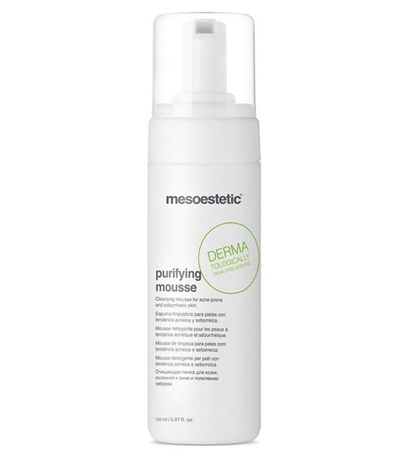 Mesoestetic Purifying Mousse 150 ml, flacon pompe blanc, mousse nettoyante pour peau grasse à imperfections