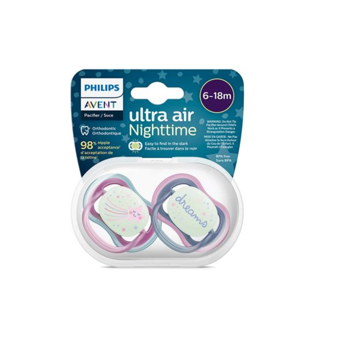 Avent Sucette Ultra Air Night Phosphorescente Fille 6-18 Mois Lot de 2