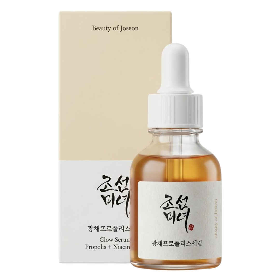 Beauty of Joseon Glow Serum Propolis + Niacinamide 60 ml, flacon ambré et boîte crème, sérum éclat