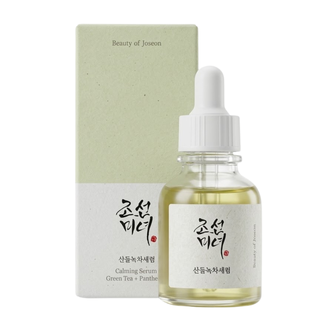 Beauty of Joseon Calming Serum Thé Vert 30 ml, flacon et boîte vert pâle, sérum apaisant