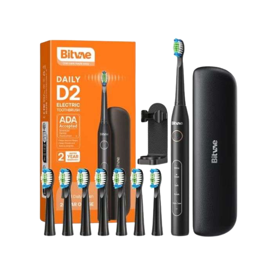 Bitvae Daily D2, brosse à dents électrique sonique noire, étui, support et 8 têtes de rechange