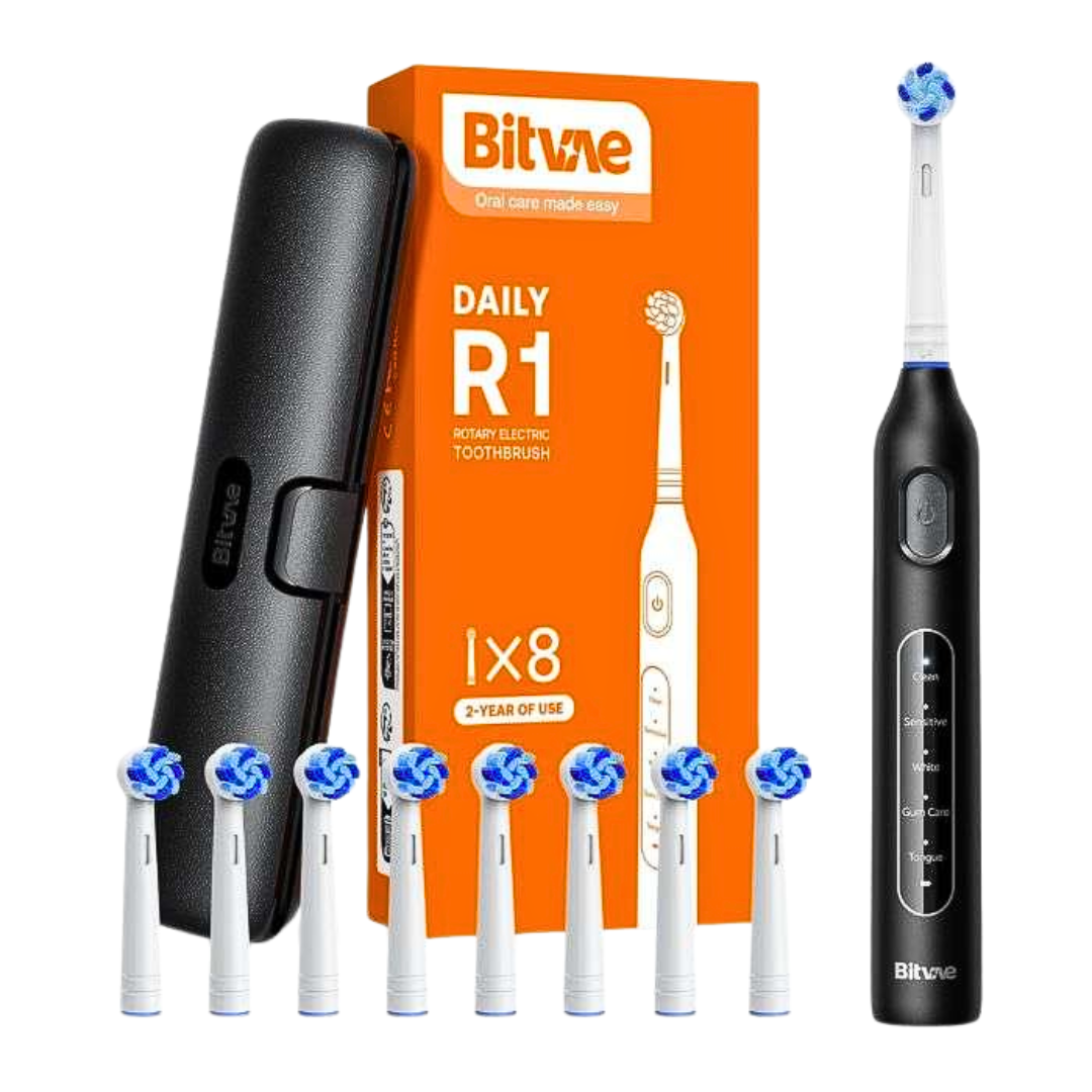 Bitvae Daily R1, brosse à dents électrique rotative noire, étui de voyage et 8 têtes rondes