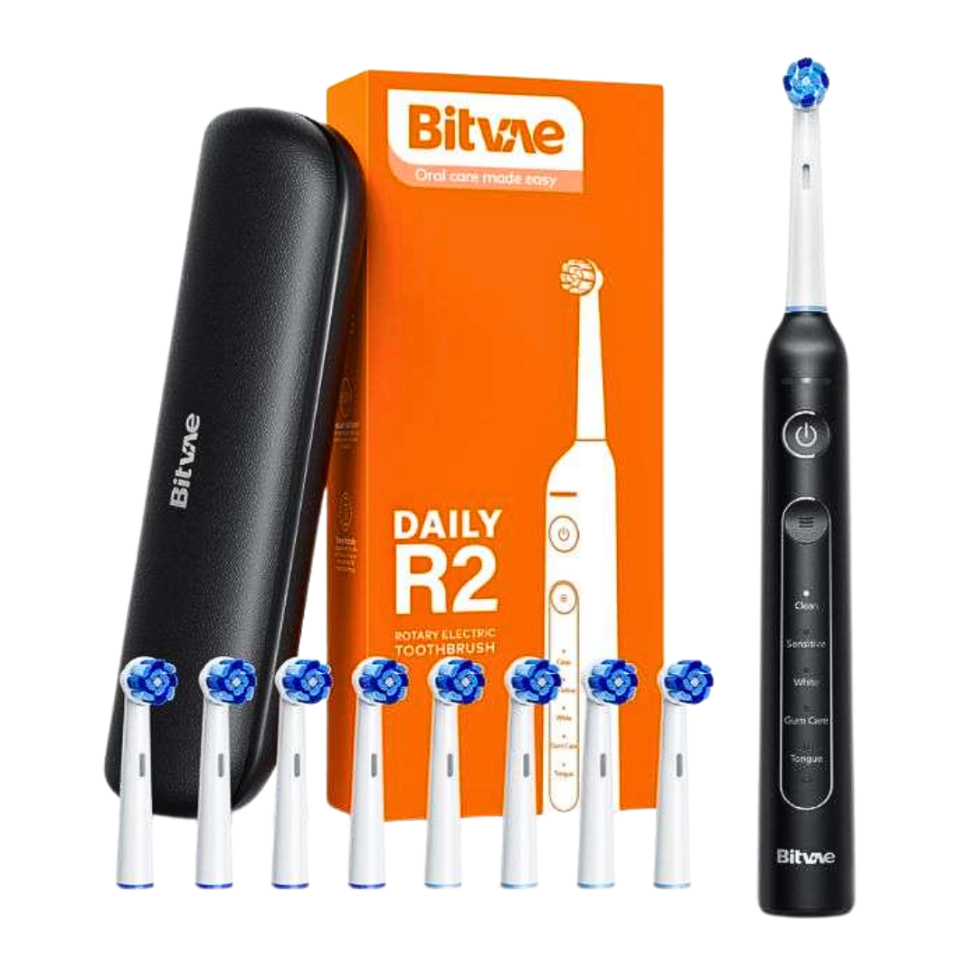 Bitvae Daily R2, brosse à dents électrique rotative noire avec 8 têtes et étui de voyage