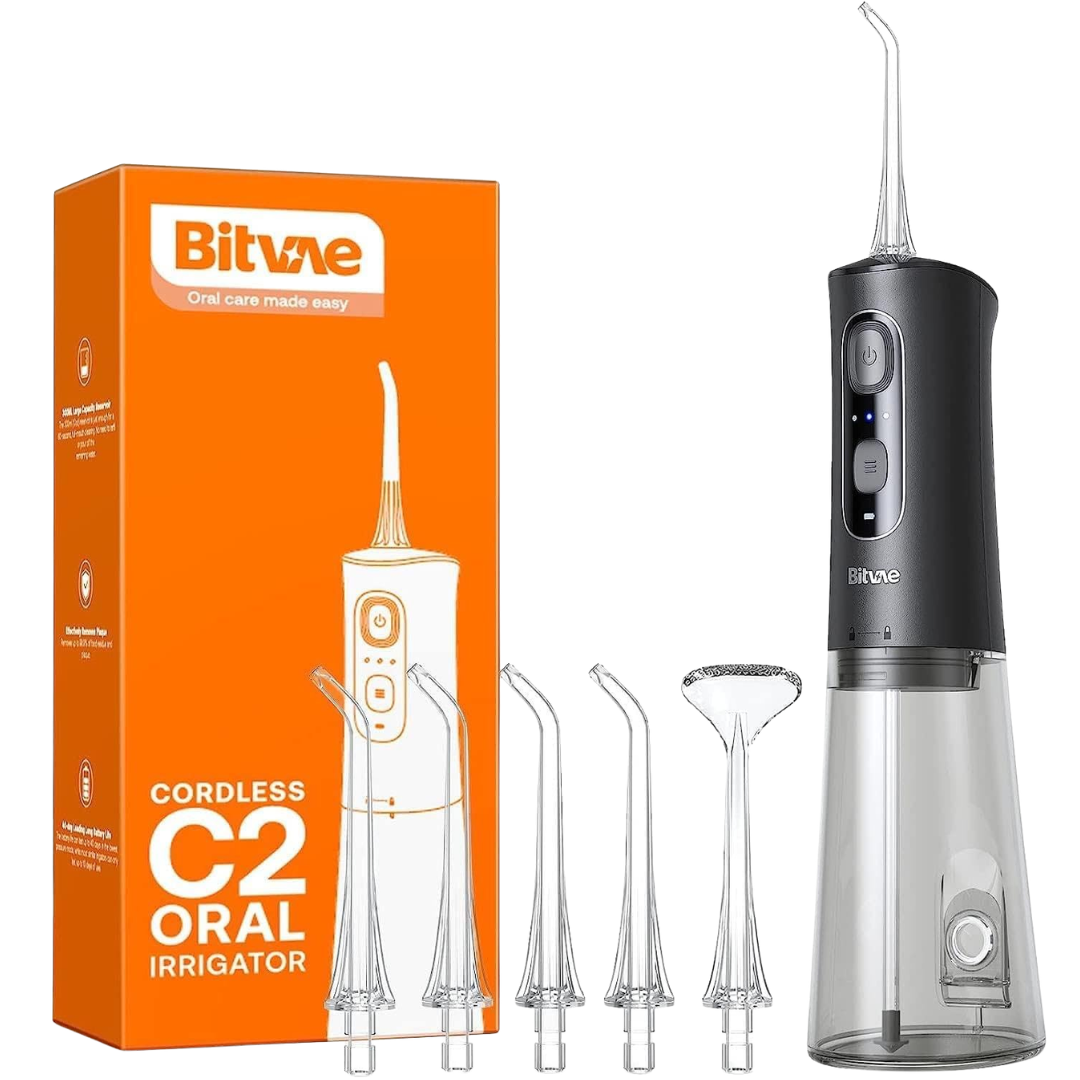 Bitvae C2, hydropulseur sans fil noir avec réservoir transparent 300 ml, boîte orange et embouts