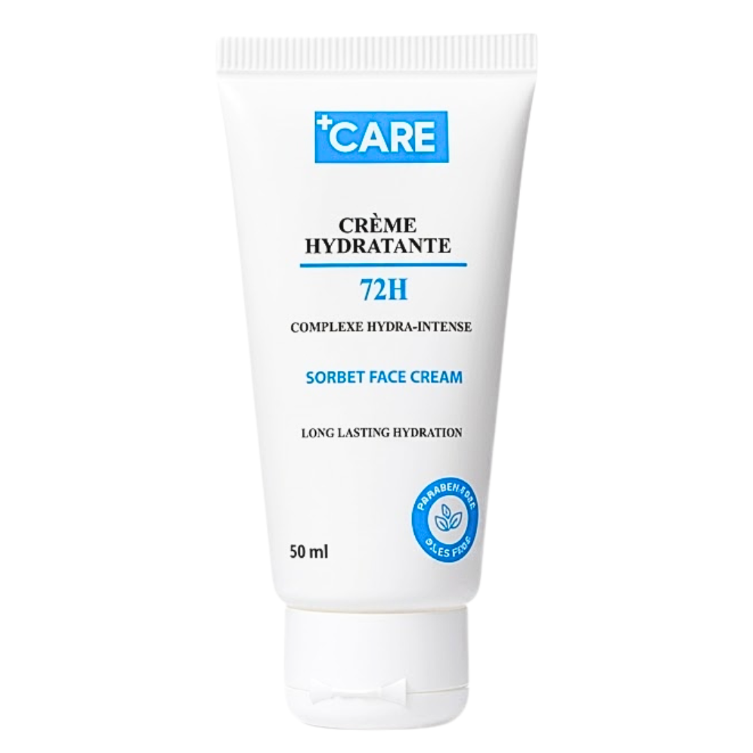 +CARE Crème Hydratante 72H 50 ml — tube bleu, crème visage texture sorbet au Complexe Hydra-Intense