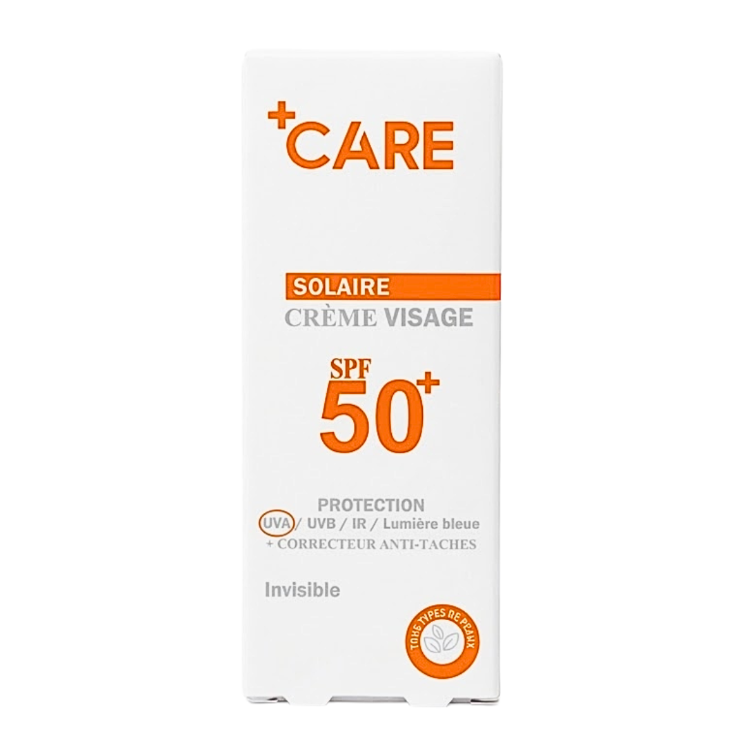 +CARE Crème Solaire Visage SPF50+ — boîte orange, protection UVA UVB IR lumière bleue, anti-taches, invisible