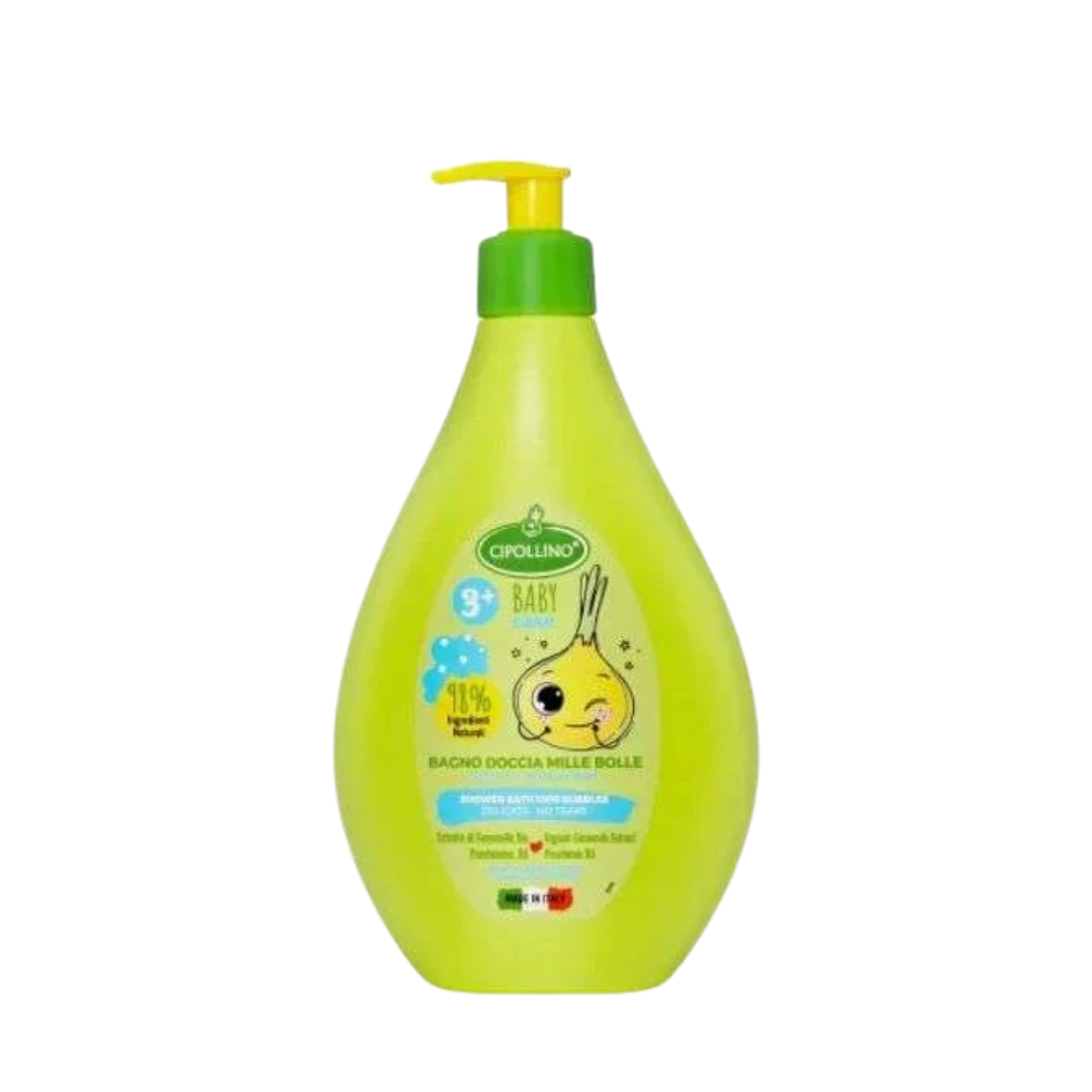 Cipollino Bain Moussant Mille Bulles 400 ml, flacon pompe vert pomme avec la mascotte oignon, enfant dès 3 ans