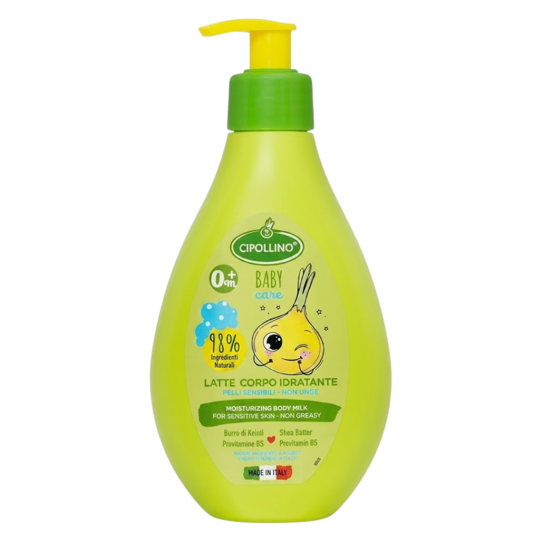 Cipollino Lait Corporel Hydratant 250 ml, flacon pompe vert pomme, bébé dès la naissance, peaux sensibles