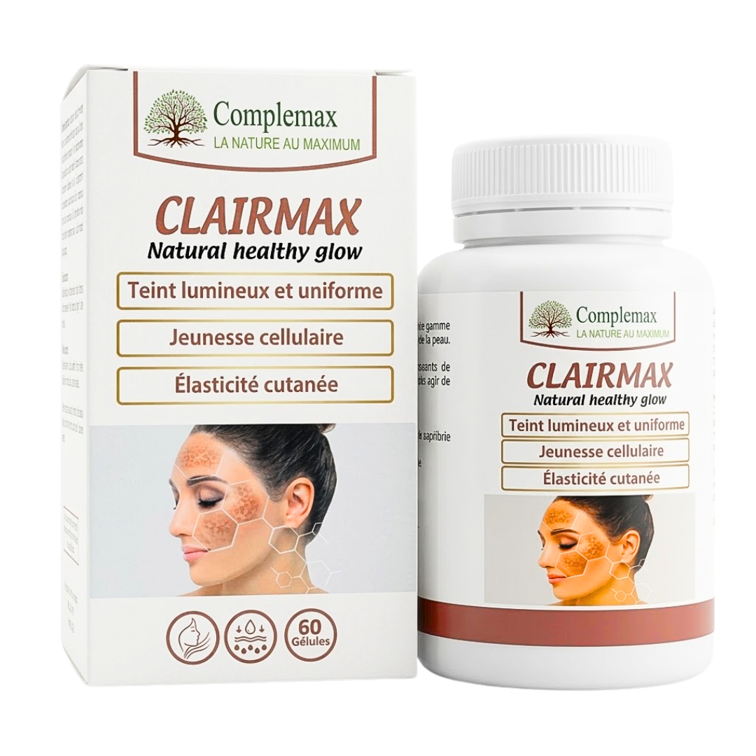 Complemax Clairmax Natural Healthy Glow, boîte et pot de 60 gélules