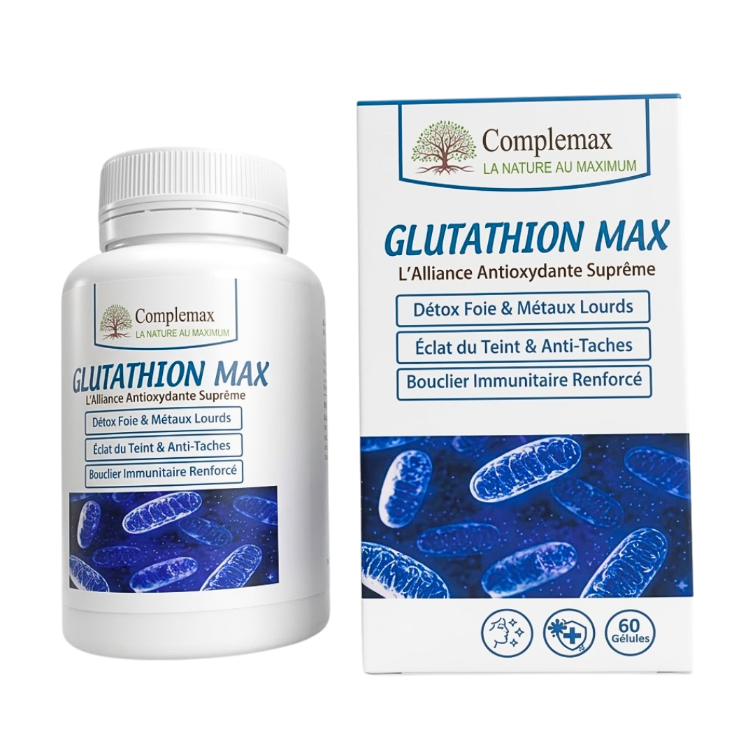 Complemax Glutathion Max antioxydant, boîte et pot de 60 gélules