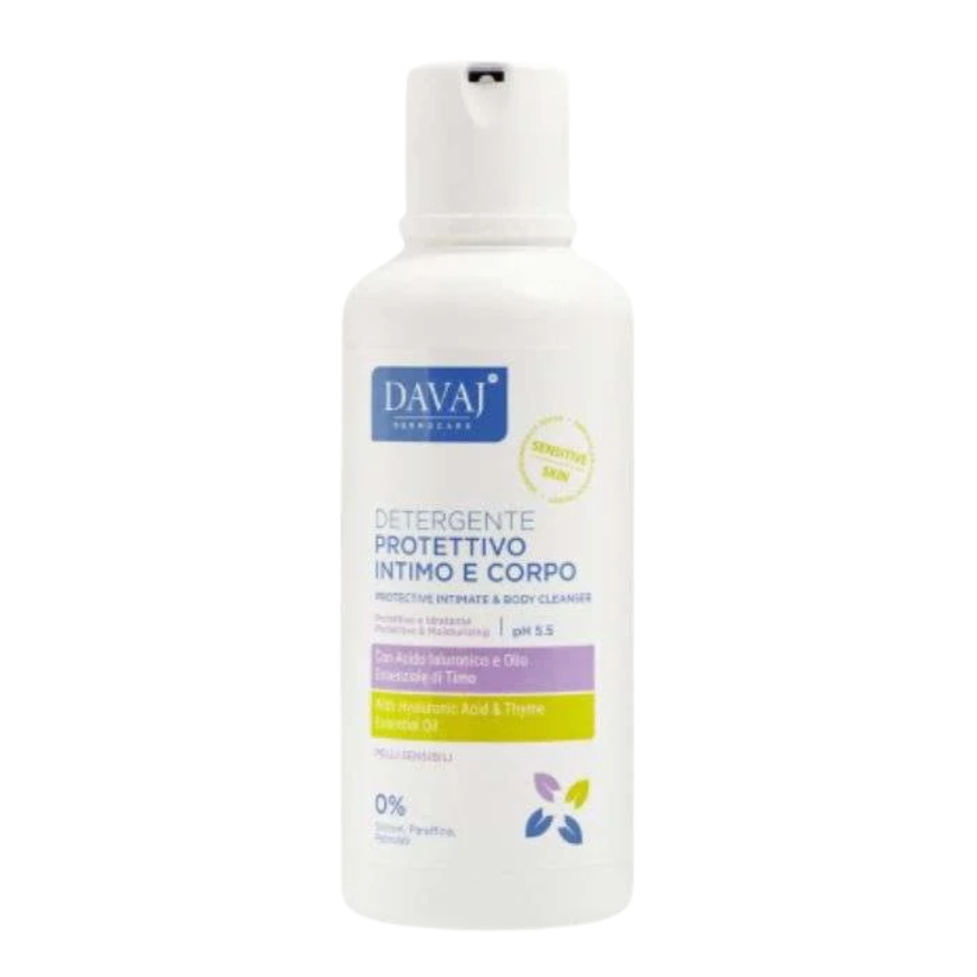 Davaj Gel Lavant Protecteur Intime & Corps 500 ml, flacon blanc, étiquette mauve, acide hyaluronique et thym