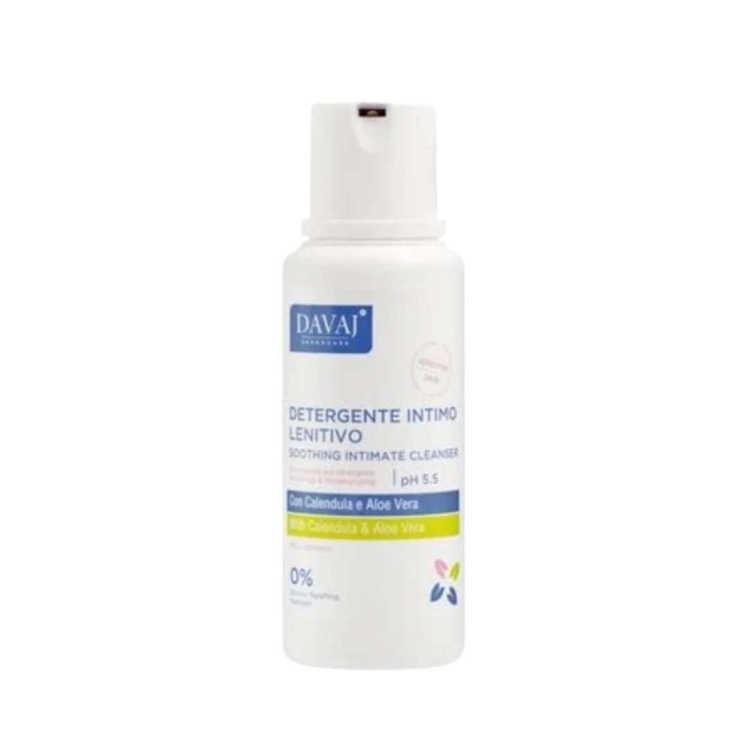 Davaj Gel Intime Apaisant 250 ml, flacon blanc, étiquette bleu marine, calendula et aloe vera, pH 5.5