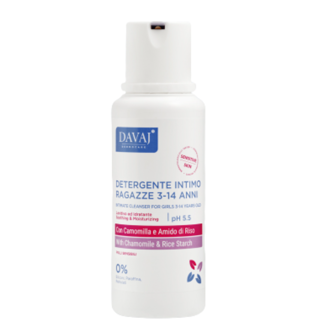 Davaj Gel Intime pour Filles 3-14 ans 250 ml, flacon blanc, étiquette framboise, camomille et amidon de riz