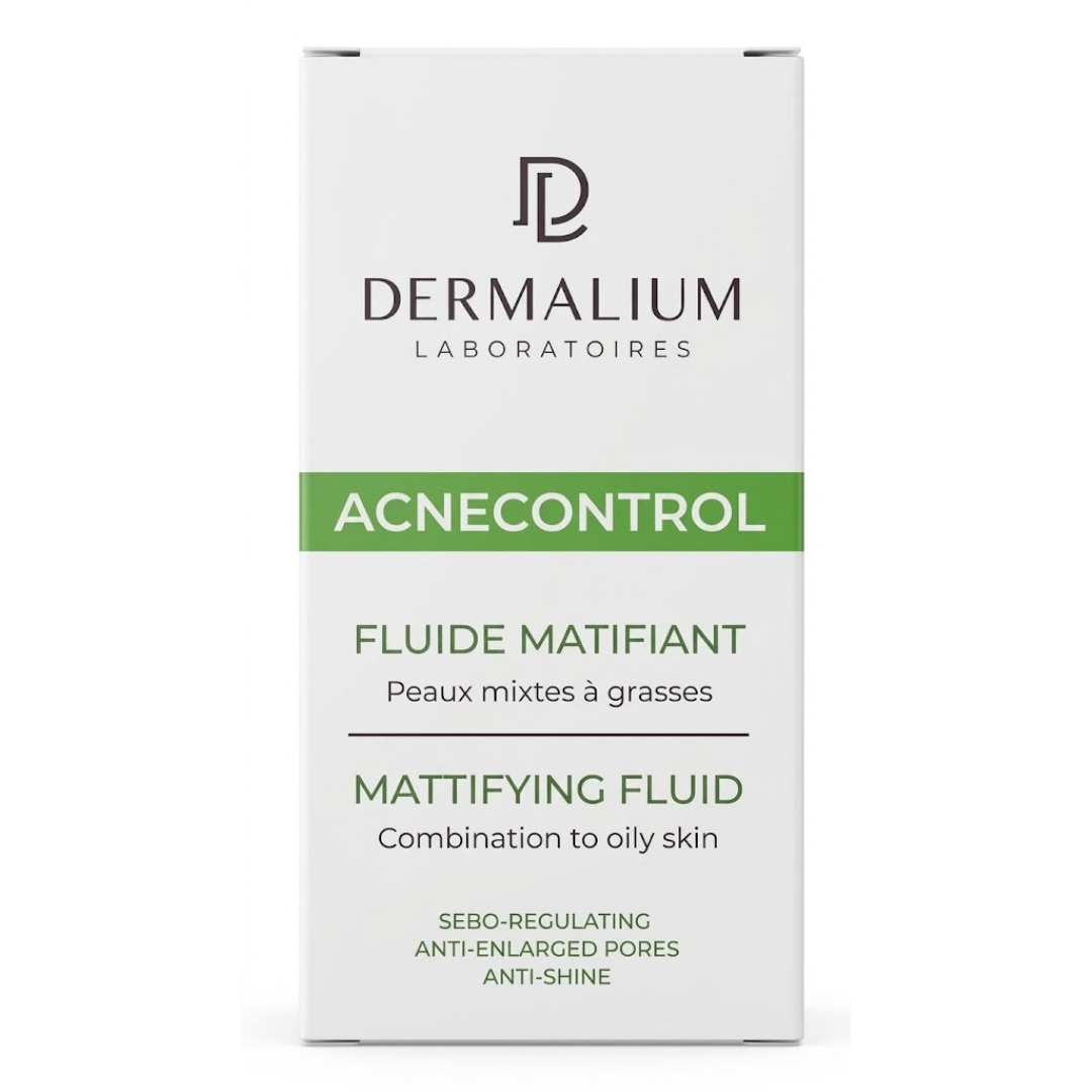 Dermalium Acnecontrol fluide matifiant 50 ml, boîte blanche et verte, soin peaux mixtes à grasses