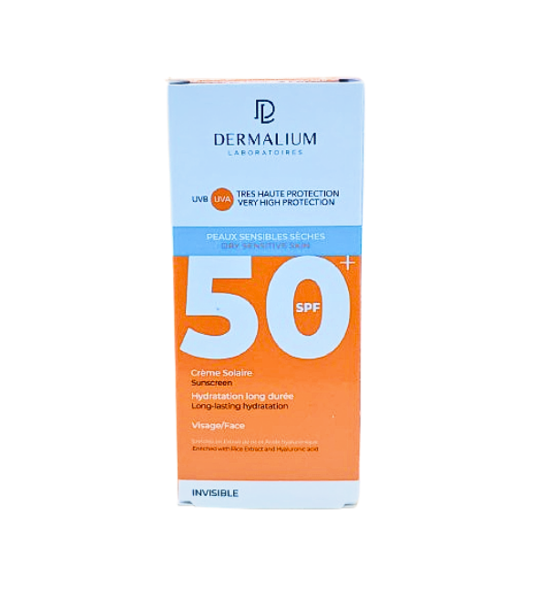 Dermalium écran solaire peaux sensibles sèches SPF50+ 50 ml, boîte bleue et orange, crème solaire visage