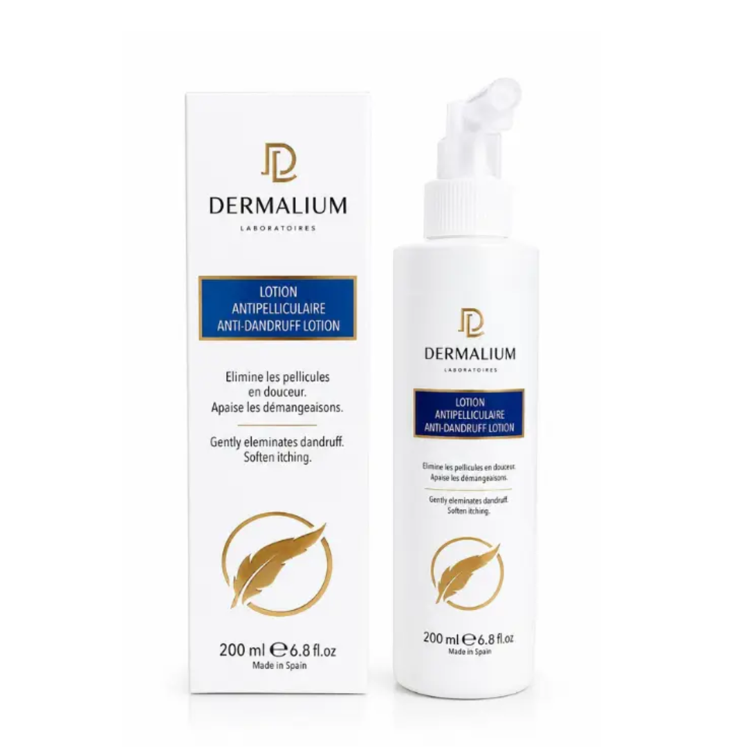 Dermalium lotion antipelliculaire 200 ml, flacon applicateur et boîte, soin cuir chevelu