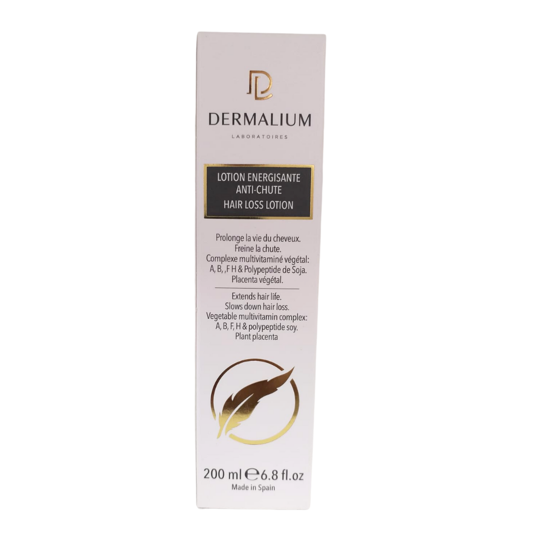 Dermalium lotion énergisante anti-chute 200 ml, boîte rose poudré, lotion capillaire multivitaminée