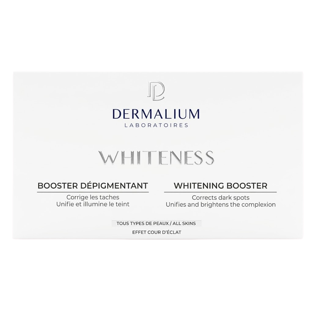Dermalium Whiteness booster dépigmentant, boîte d'ampoules blanche, cure anti-taches éclat