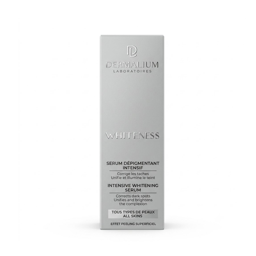 Dermalium Whiteness sérum dépigmentant intensif 30 ml, boîte argentée, sérum anti-taches