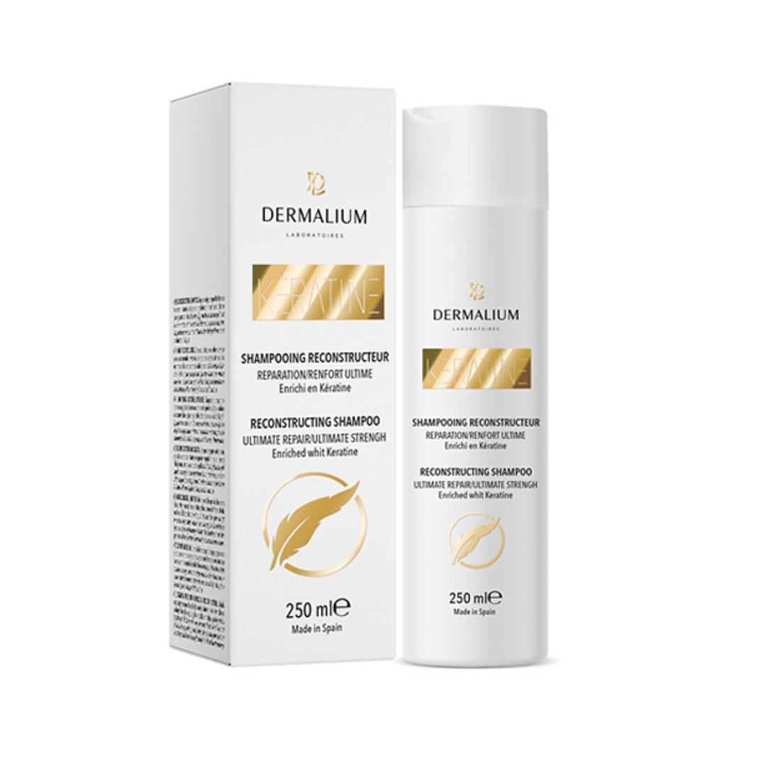 Dermalium Kératine shampooing reconstructeur 250 ml, flacon et boîte blancs et dorés