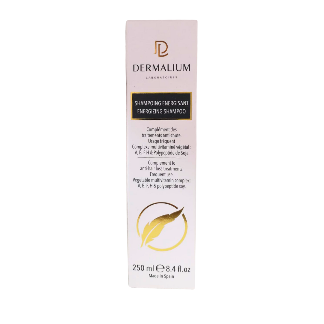 Dermalium shampoing énergisant 250 ml, boîte rose poudré, shampooing complément anti-chute