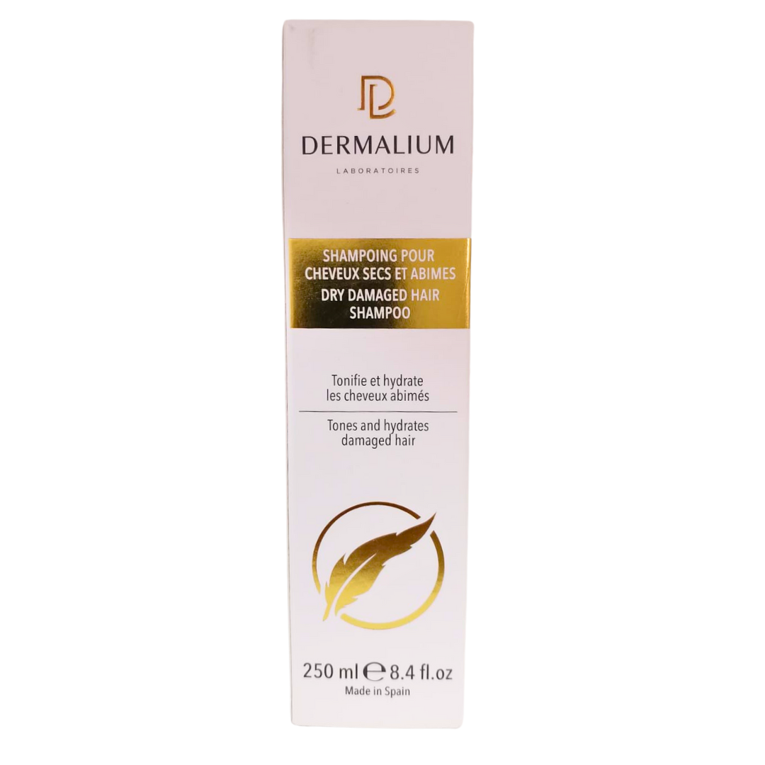 Dermalium shampoing cheveux secs et abîmés 250 ml, boîte rose et dorée, shampooing hydratant