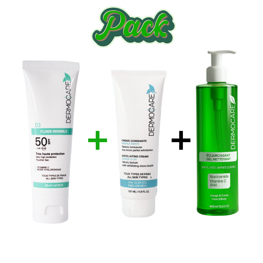 Dermocare Pack Visage Écran Fluide Crème Gommante Gel Nettoyant 200ml
