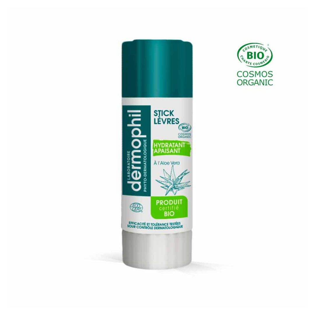 Dermophil Stick Lèvres Hydratant Apaisant à l'aloe vera bio 4 g, tube vert et blanc certifié COSMOS Organic