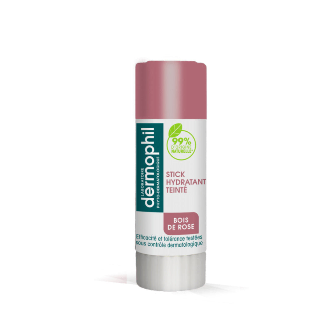 Dermophil Stick Lèvres Hydratant Teinté Bois de Rose 4 g, tube blanc et vieux rose