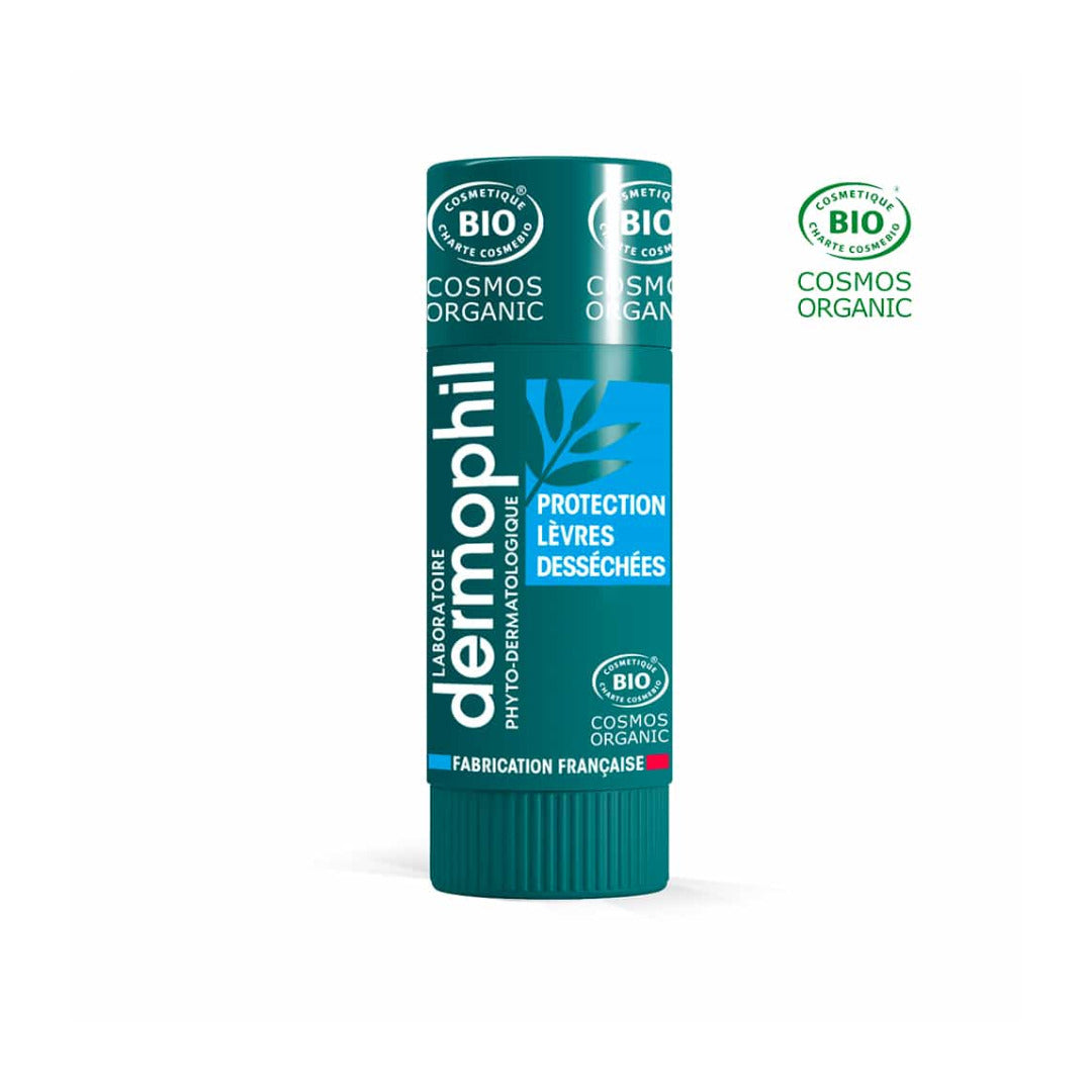 Dermophil Stick Bio Protection Lèvres Desséchées 4 g, tube bleu canard certifié COSMOS Organic, fabrication française