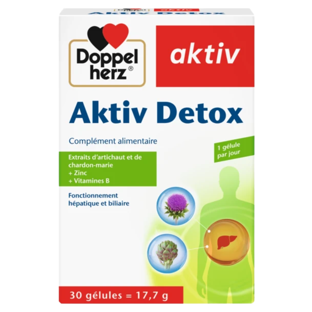Doppelherz Aktiv Detox artichaut chardon-marie zinc vitamines B, boîte de 30 gélules