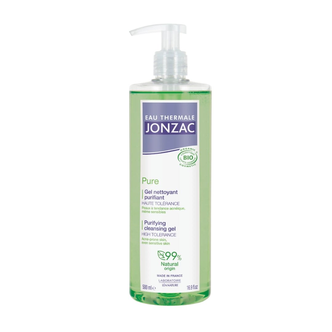 Eau Thermale Jonzac Pure gel nettoyant purifiant 500 ml, flacon pompe vert, peaux mixtes à grasses