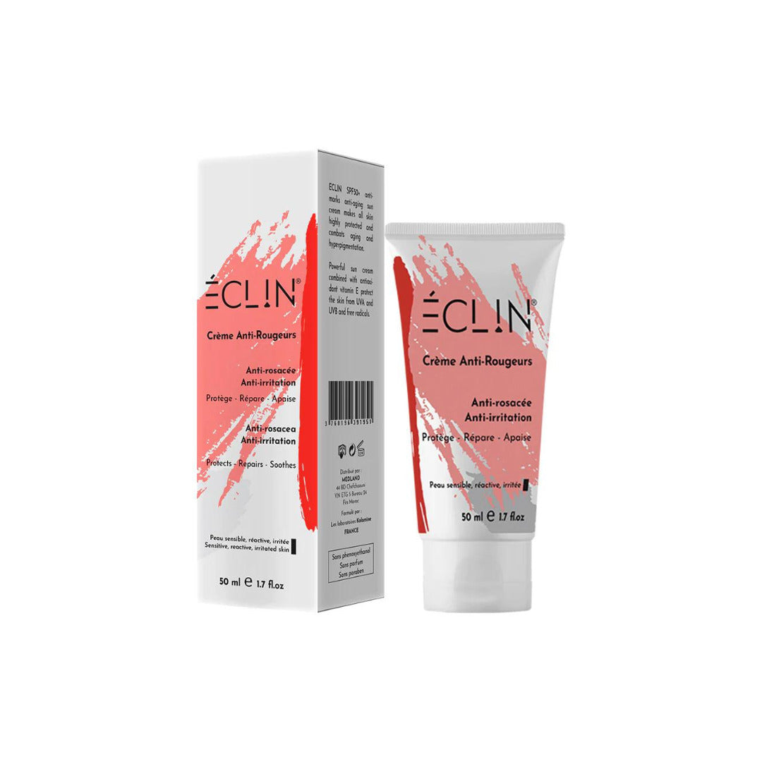 Eclin crème anti-rougeurs 50 ml, tube et étui rouge, peaux sensibles réactives et irritées
