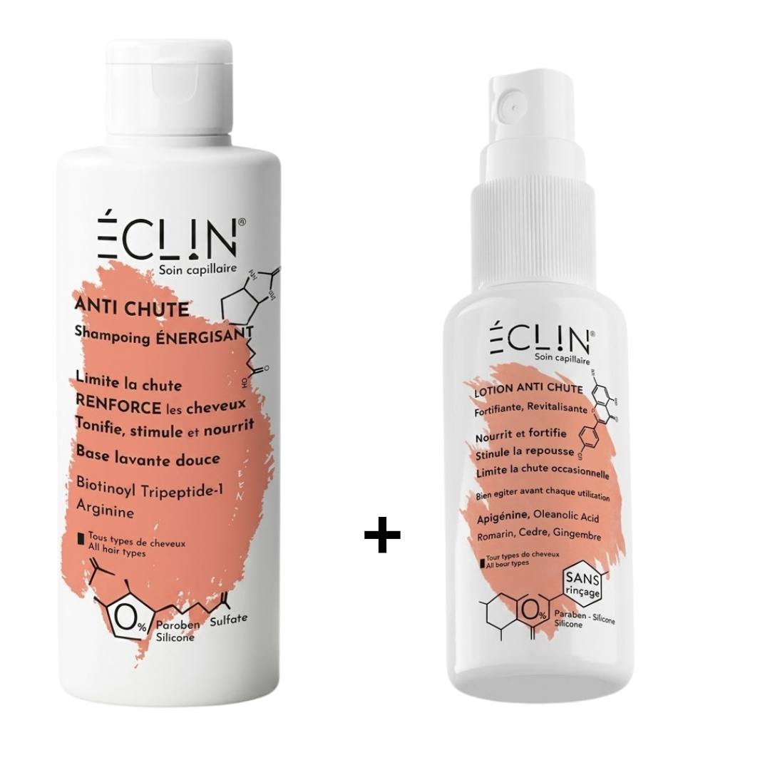 Eclin duo anti-chute, shampooing énergisant et lotion anti-chute en spray, flacons blancs et corail