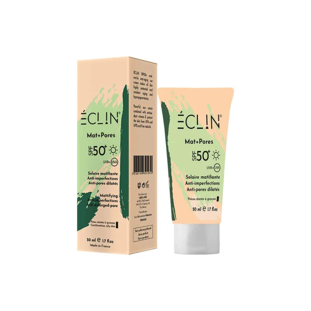 Eclin Mat+Pores écran solaire matifiant SPF50+ 50 ml, tube et étui vert, peaux mixtes à grasses
