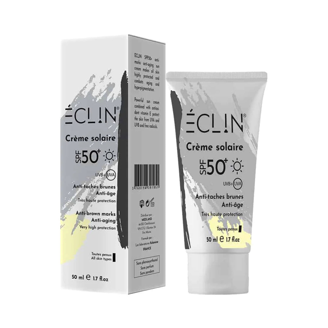 Eclin crème solaire anti-taches brunes anti-âge SPF50+ 50 ml, tube et étui gris, très haute protection