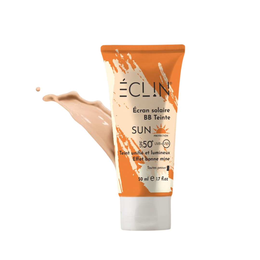 Eclin écran solaire BB teinté SPF50+ 50 ml, tube orange et texture teintée