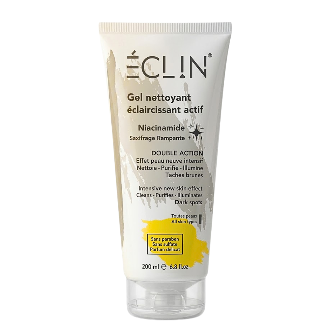 Eclin gel nettoyant éclaircissant actif 200 ml à la niacinamide, tube blanc, nettoyant visage anti-taches