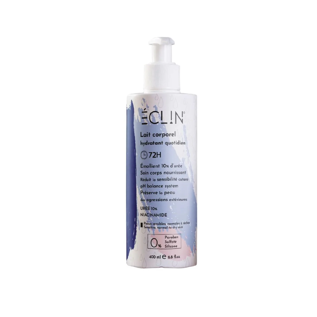 Eclin lait corporel hydratant quotidien 72H 400 ml, flacon pompe, urée 10 % et niacinamide