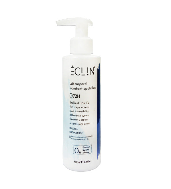 Eclin lait corporel hydratant quotidien 72H 200 ml, flacon pompe, urée 10 % et niacinamide