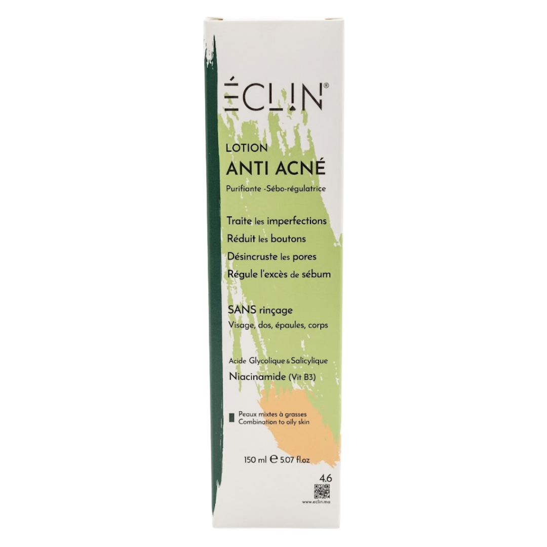 Eclin lotion anti-acné purifiante 150 ml, étui vert, acide salicylique et niacinamide