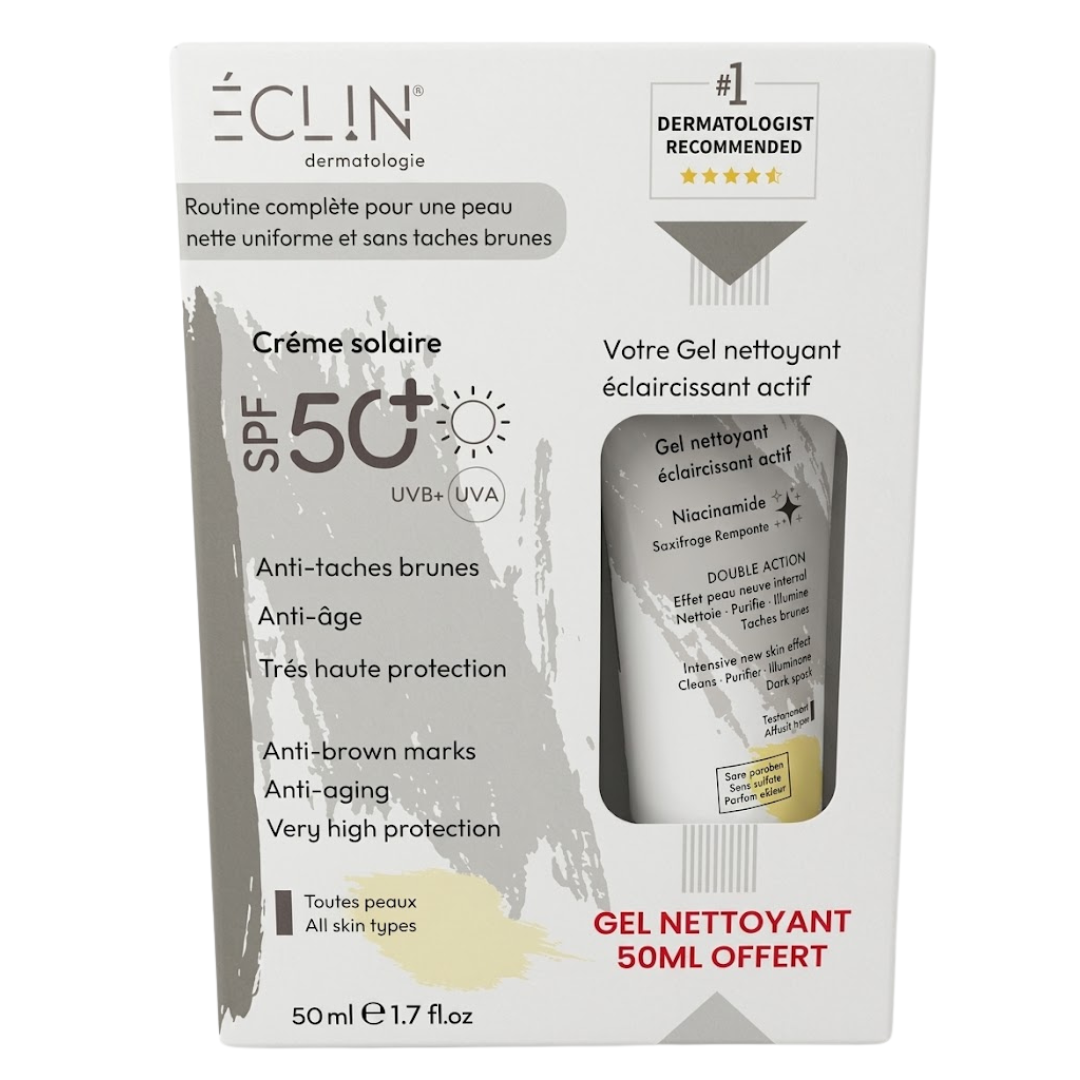 Eclin pack crème solaire anti-taches SPF50+ 50 ml et gel nettoyant éclaircissant actif 50 ml offert, étui