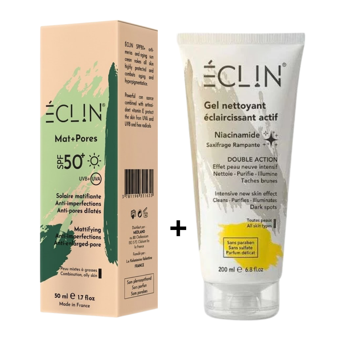 Eclin pack Mat+Pores écran solaire matifiant SPF50+ 50 ml et gel nettoyant Eclin