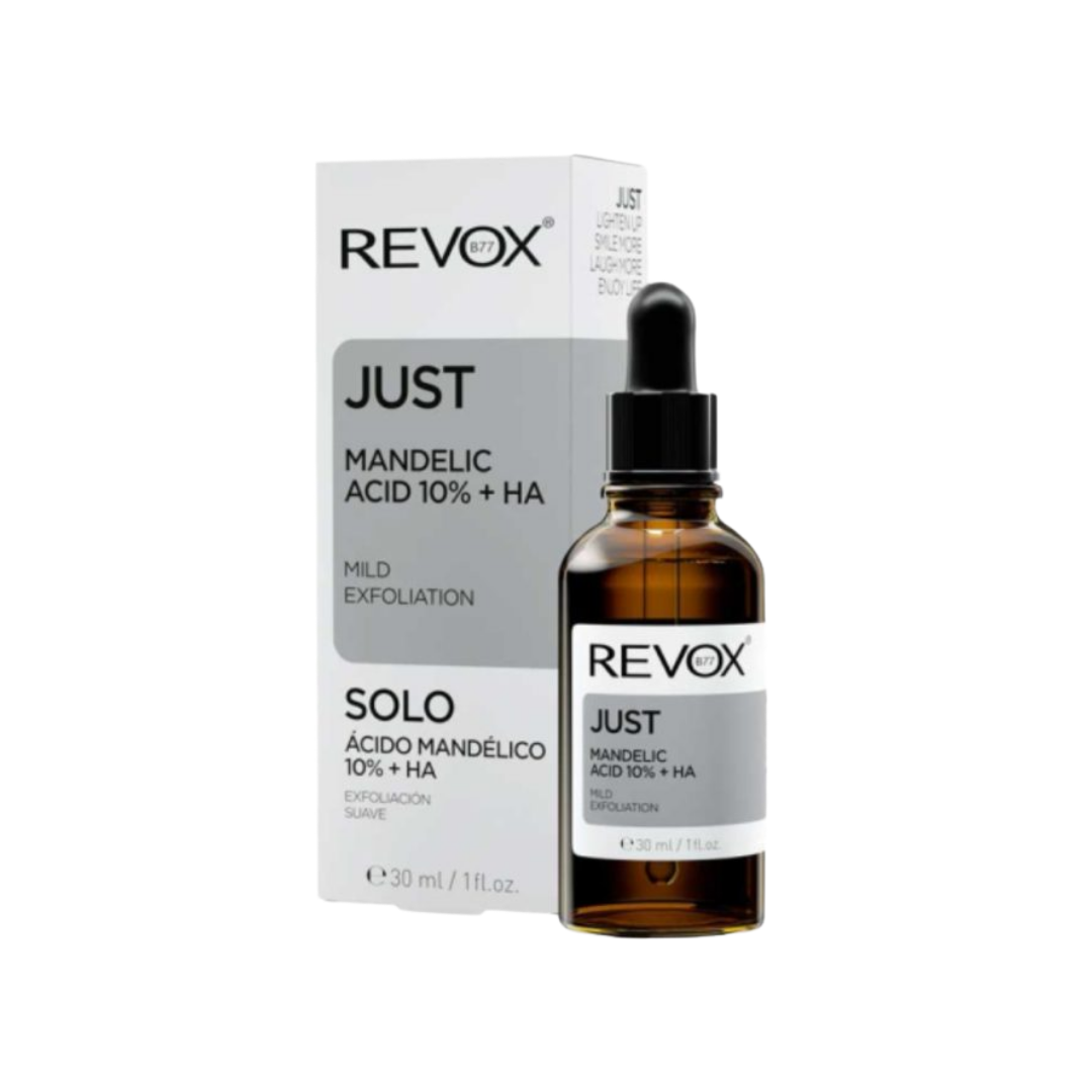 Revox B77 Just Mandelic Acid 10% + HA Sérum Exfoliant Doux 30ml — flacon pipette et étui