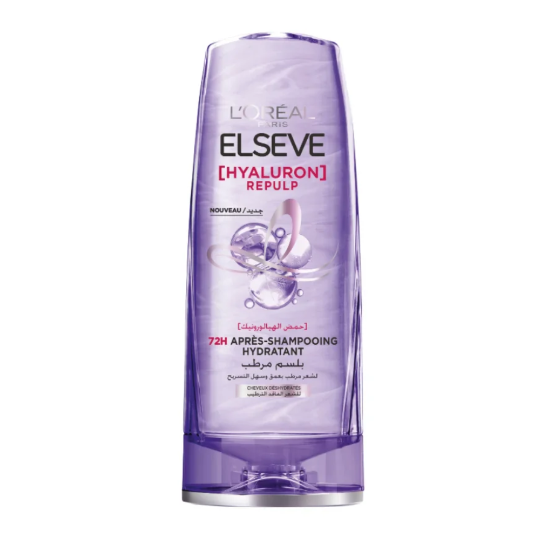 L'Oréal Paris Elseve Hyaluron Repulp après-shampooing hydratant 72H 200 ml, flacon violet, cheveux déshydratés