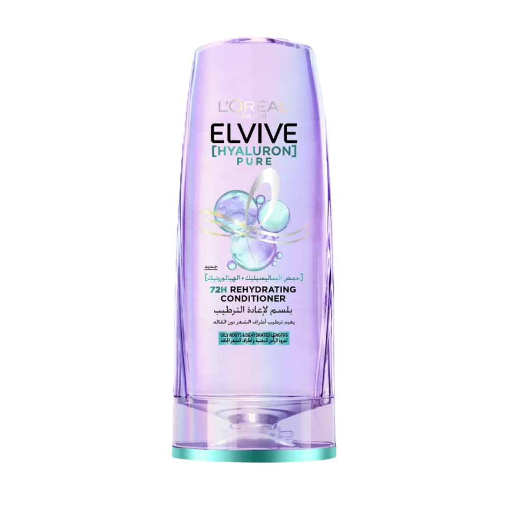 L'Oréal Paris Elseve Hyaluron Pure après-shampooing 72H 200 ml, flacon violet et turquoise, racines grasses