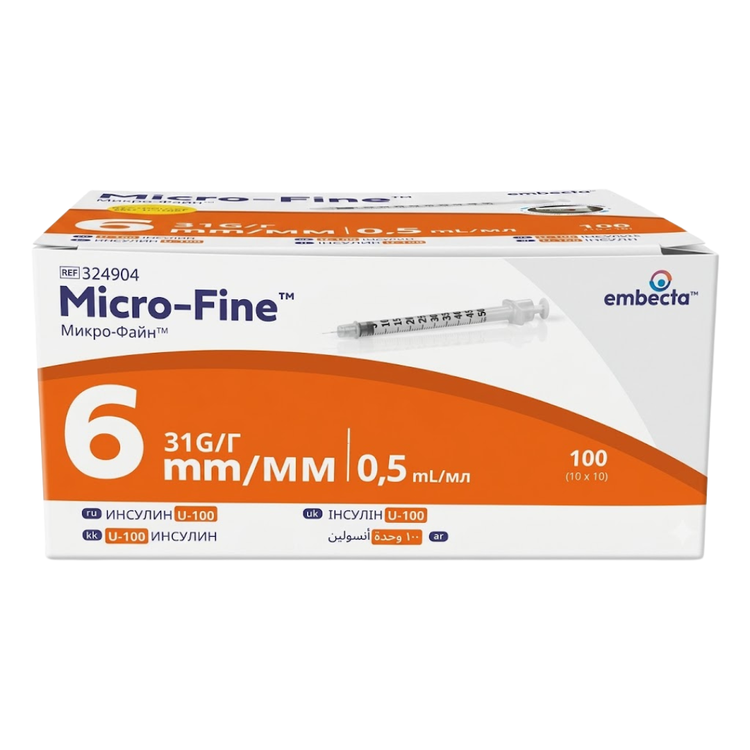 Embecta - Seringue à Insuline Micro-Fine 0,5 ml 31G 6 mm U-100 Boîte de 100