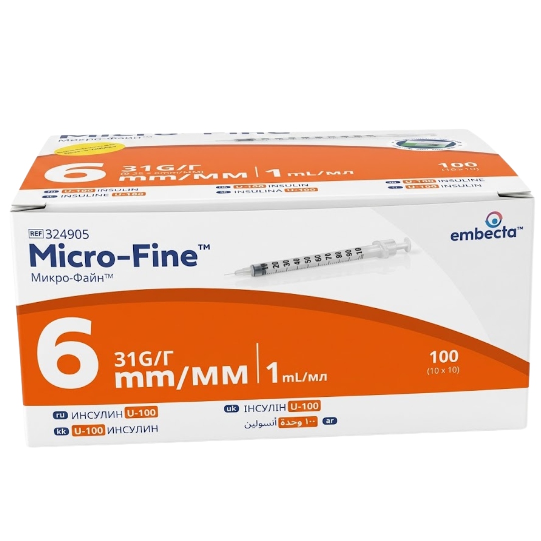 Embecta - Seringue à Insuline Micro-Fine 1 ml 31G 6 mm U-100 Boîte de 100
