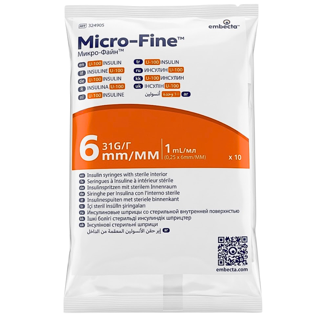 Embecta - Seringue à Insuline Micro-Fine 1 ml 31G 6 mm U-100 Sachet de 10