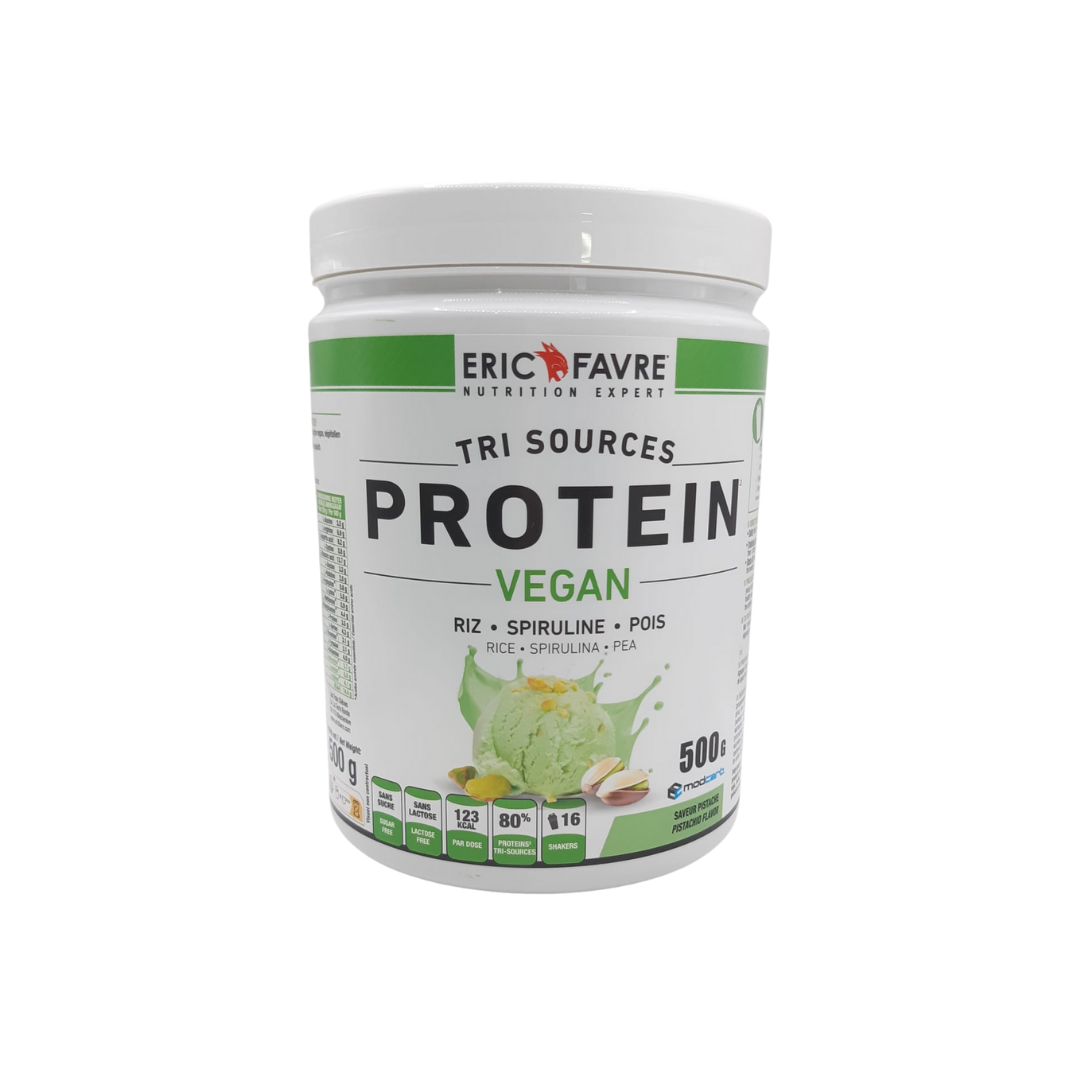 Eric Favre Protein Vegan Tri Sources Pistache 500 g — pot de protéine végétale pois, riz, spiruline
